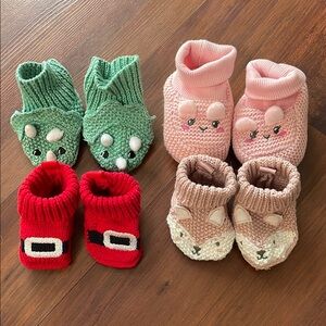 FOUR Adorable Baby Booties Set - Green, Pink, Red, Tan